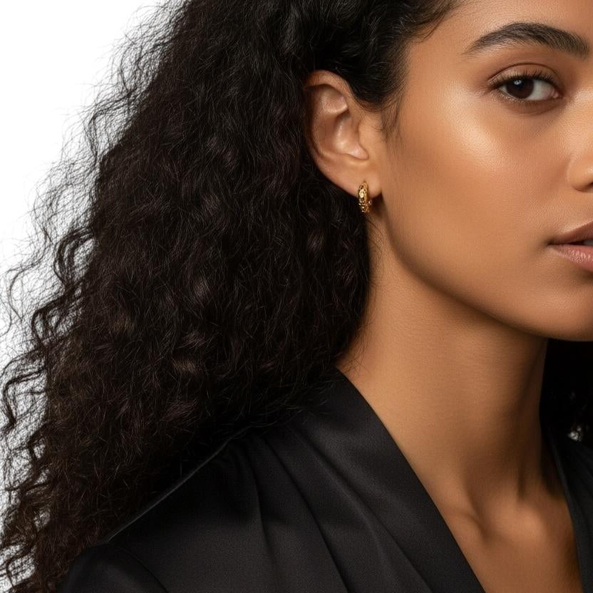 Leaf Detail Huggie 13mm Hoop Earrings in 18K gold-filled, view 5