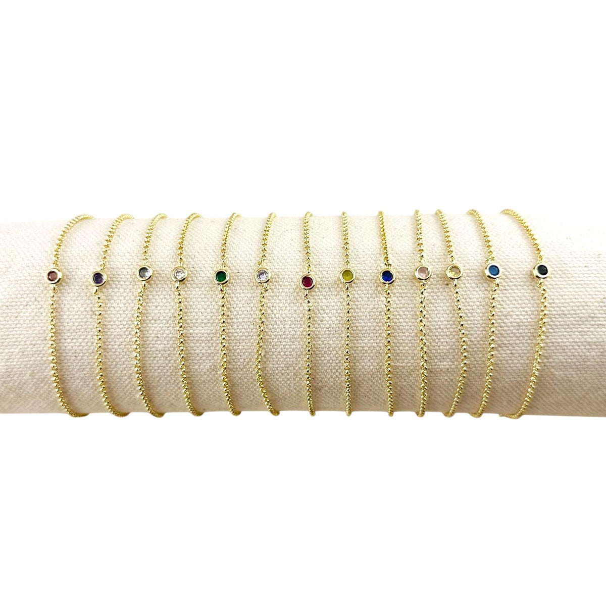 Birthstone Round Bezel CZ Bracelet in 18K gold-filled, view 4