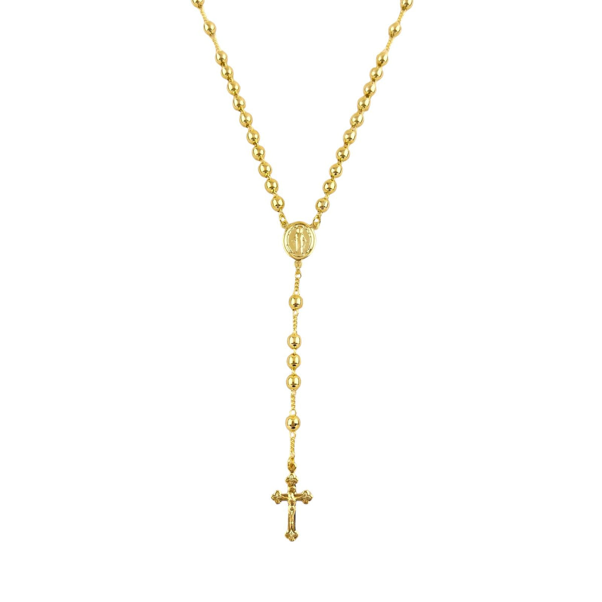18K Gold Filled Rosary Necklace with 4.5mm Beads, Miraculous Medal, and Crucifix Pendant