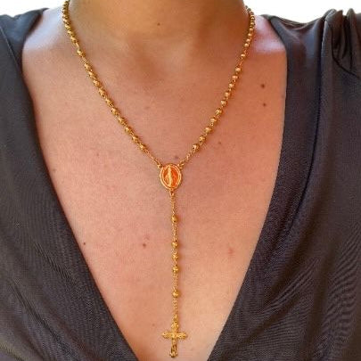Model Wearing 18K Gold Filled Rosary Necklace with Miraculous Medal and Crucifix Pendant