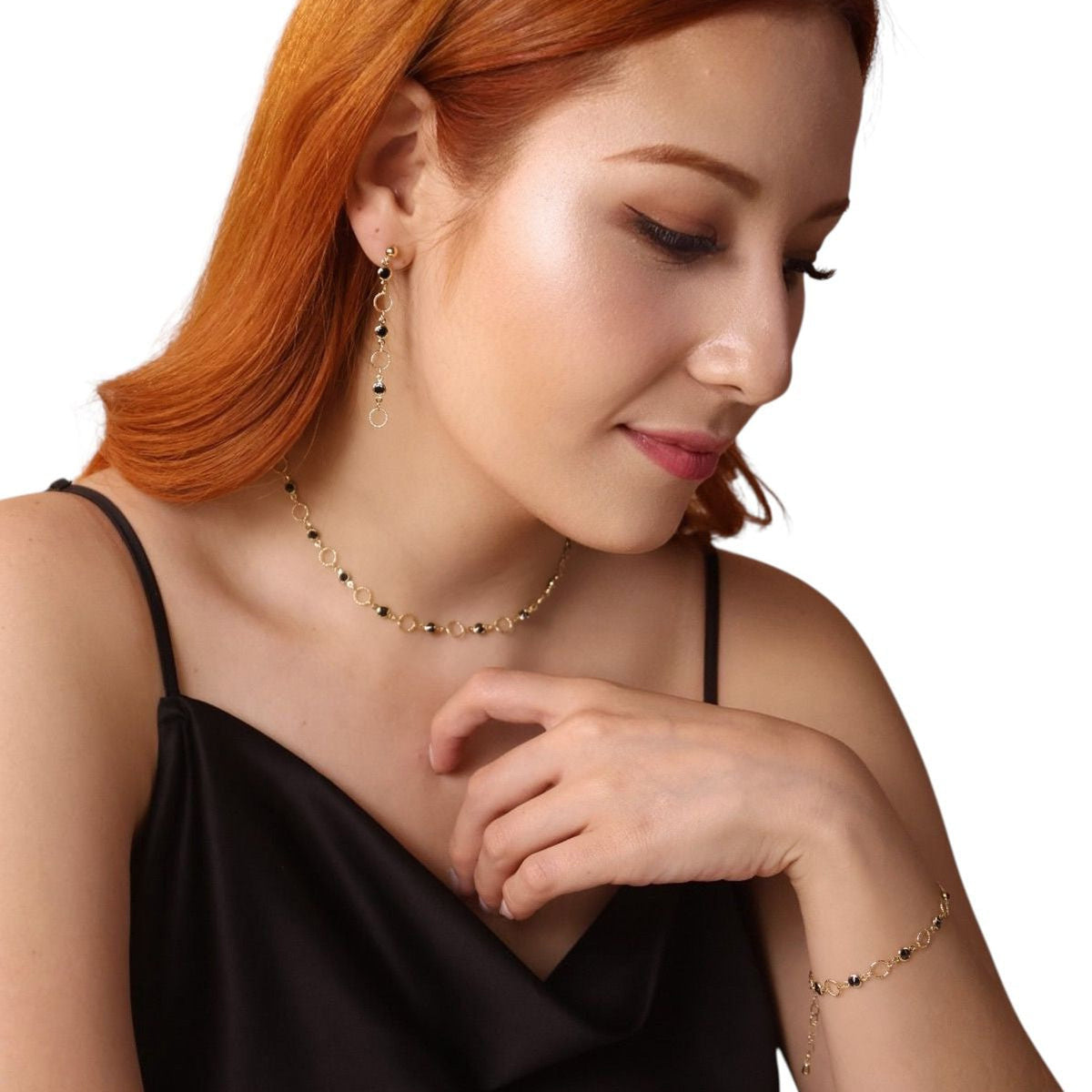 Black CZ Circles 60mm Drop Earrings in 18K gold-filled, view 6