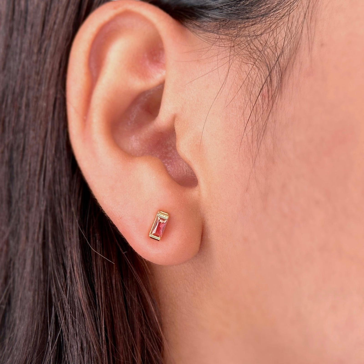 Birthstone Baguette Bezel CZ 10mm Stud Earrings in 18K gold-filled, view 6