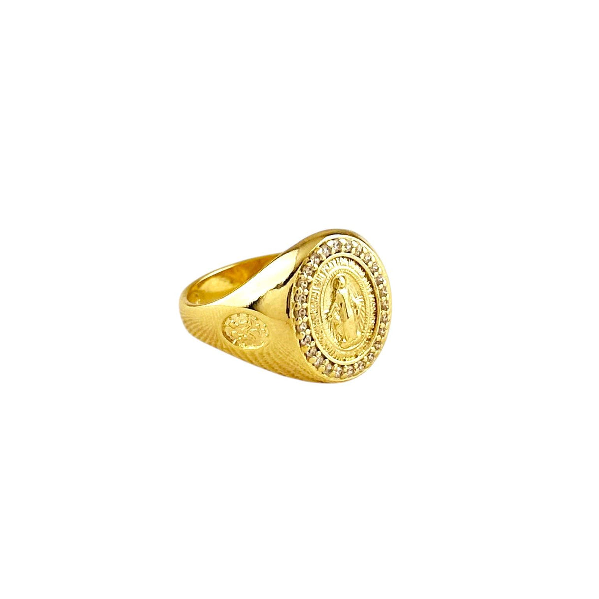 Lady of Grace Medal CZ Ring in 18K gold-filled, view 2