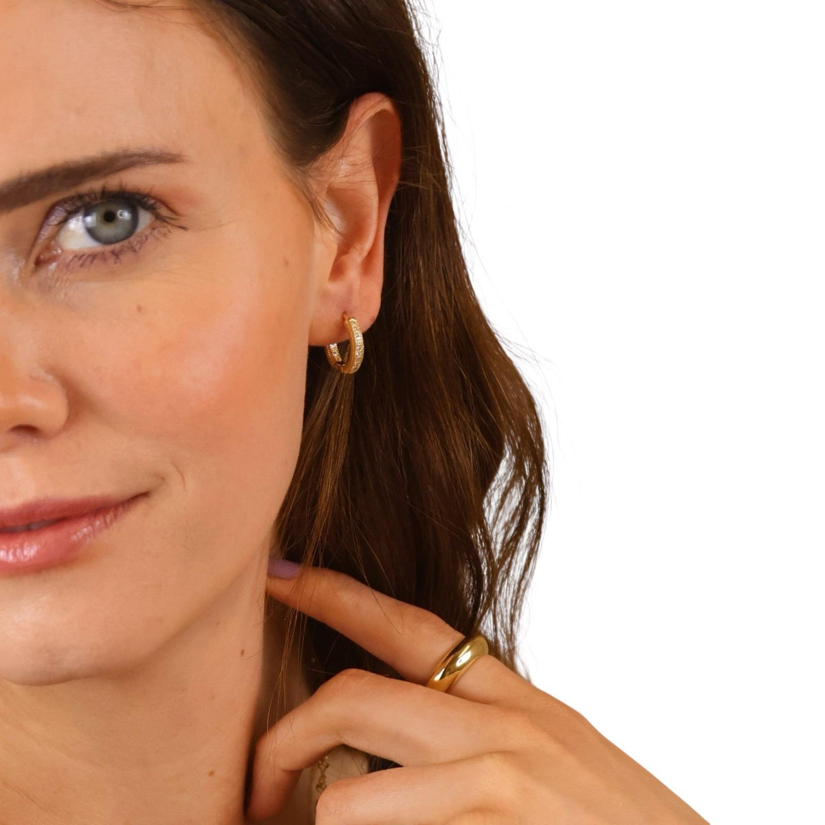 Inside-Out CZ Huggie Hoop Earrings in 18K gold-filled, view 8
