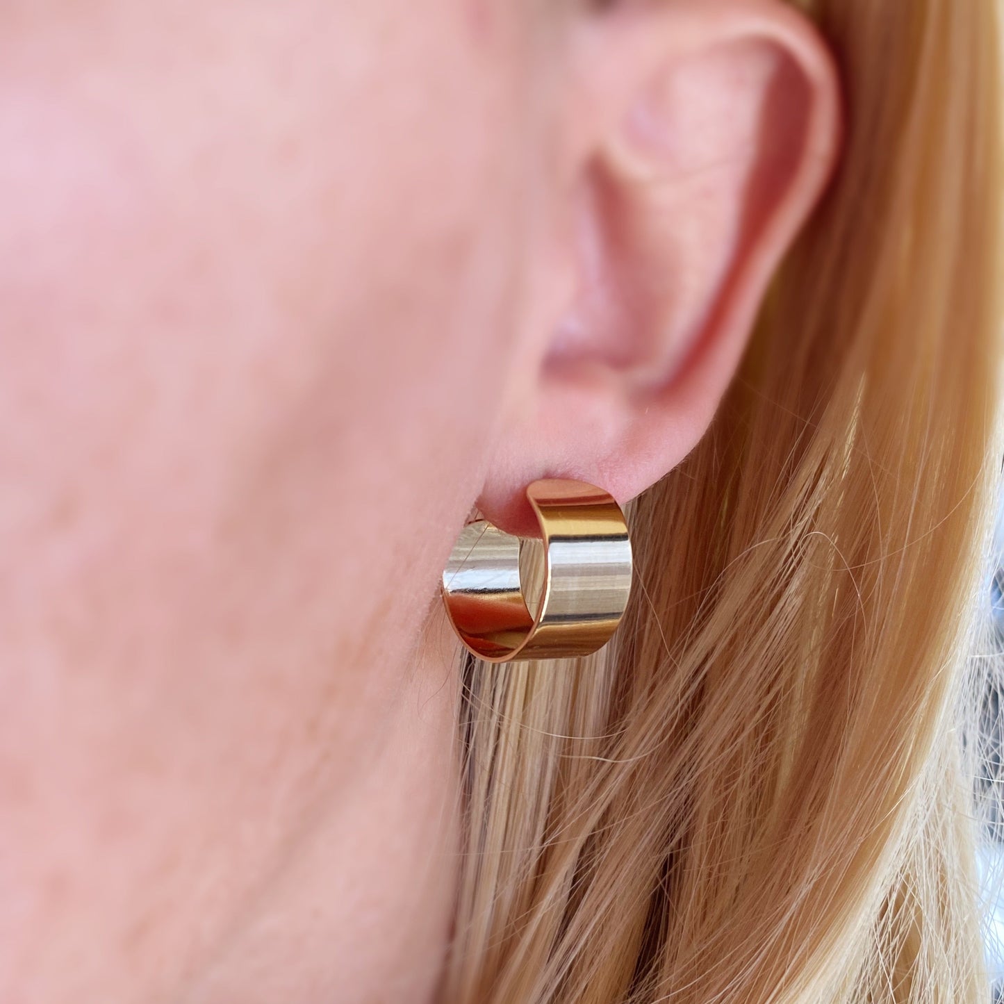 Wide Flat Open Hoop Earrings on Model