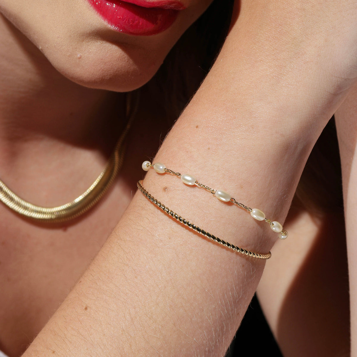 Twisted Cuff & Pearl Chain Bracelet in 18K gold-filled, view 3