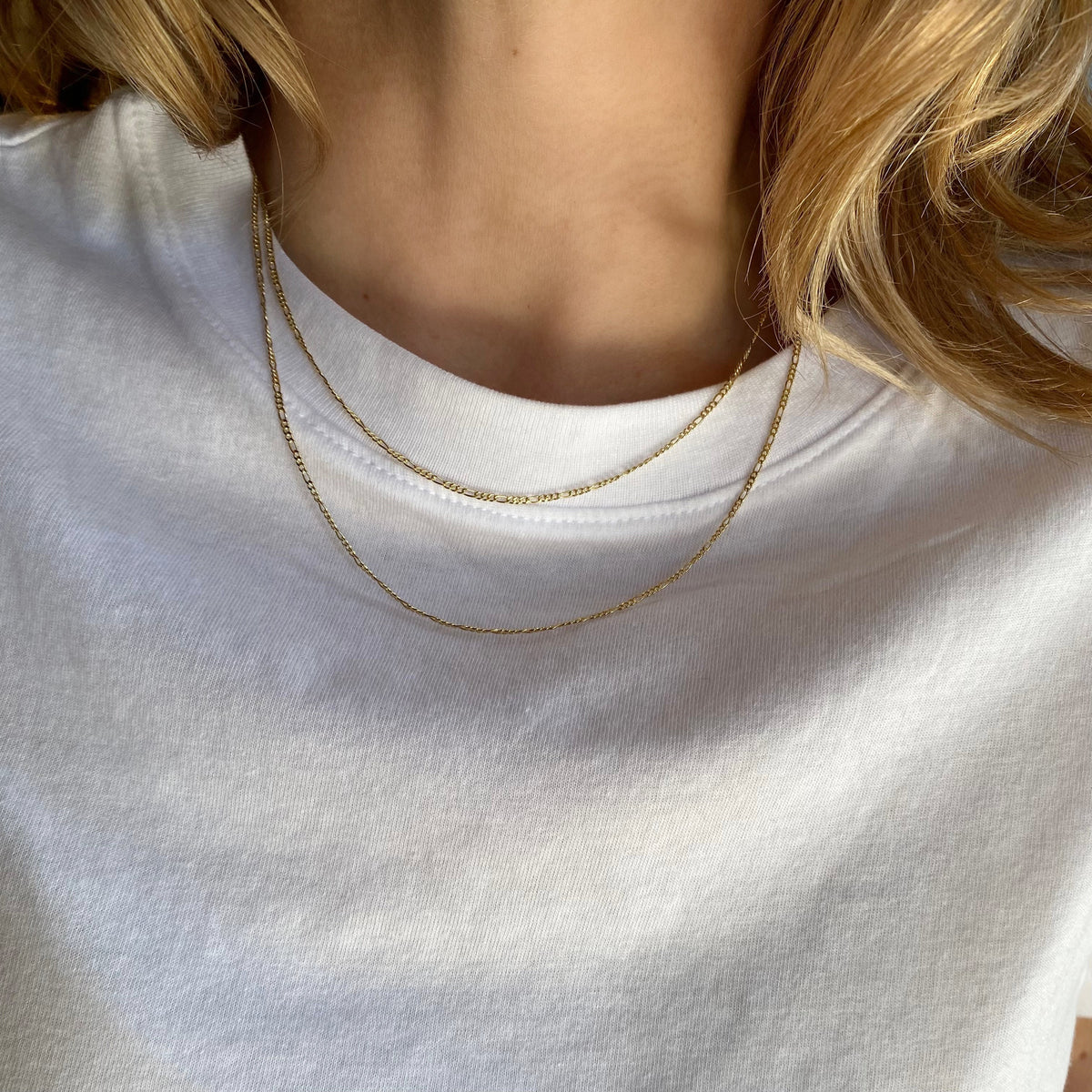 Thin Figaro Link Chain 1.5mm Necklace in 18K gold-filled, view 4