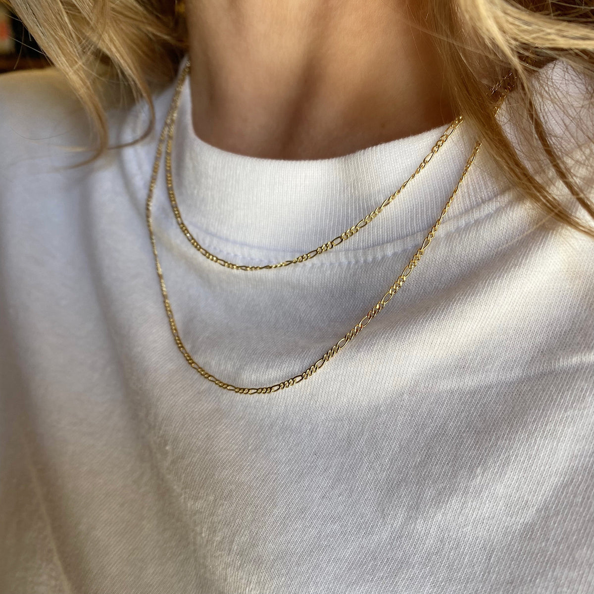 Thin Figaro Link Chain 1.5mm Necklace in 18K gold-filled, view 3