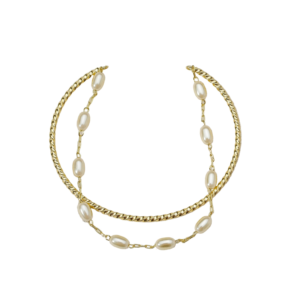Twisted Cuff & Pearl Chain Bracelet in 18K gold-filled