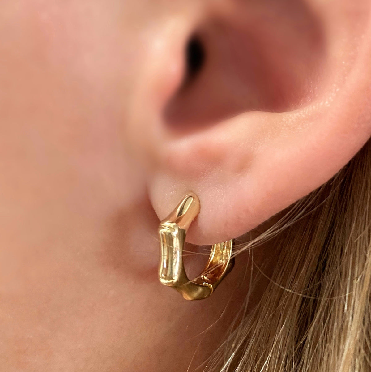 Bamboo Huggie 13mm Hoop Earrings in 18K gold-filled, view 7