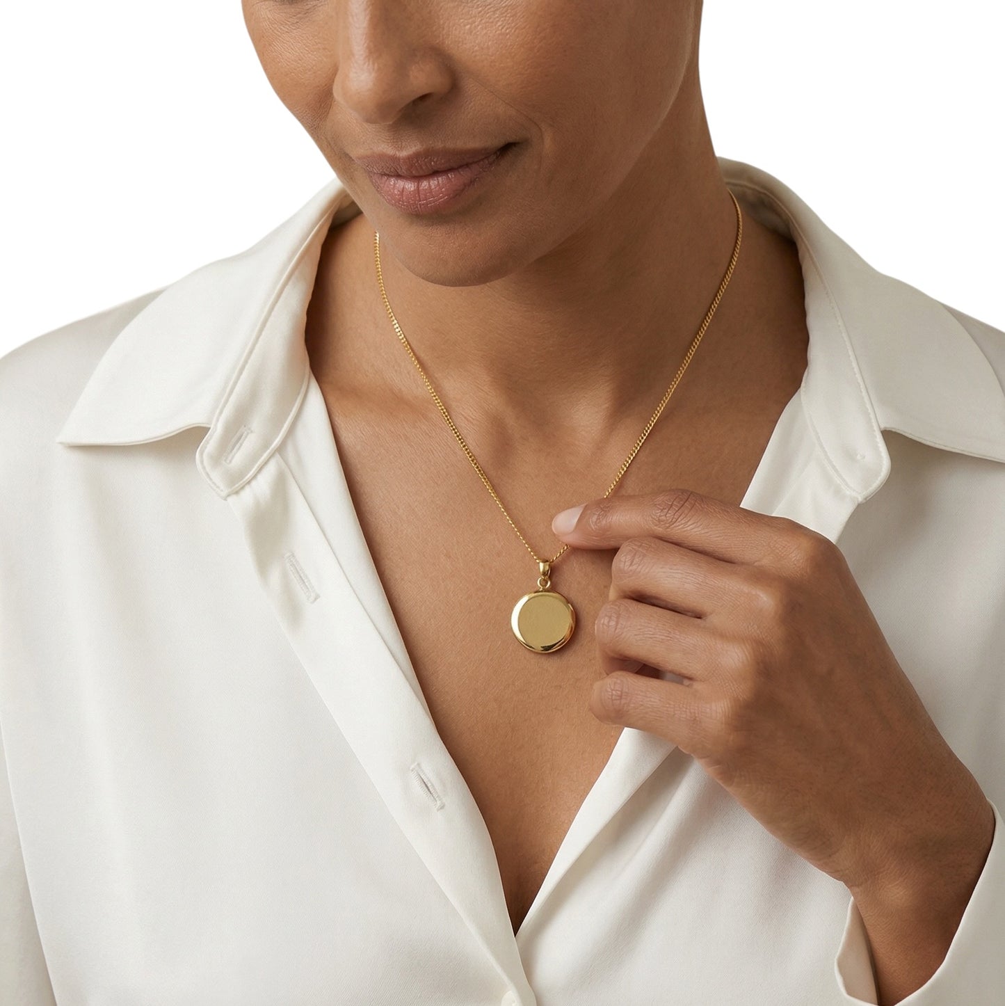 18K Gold Filled locket necklace on model close-up