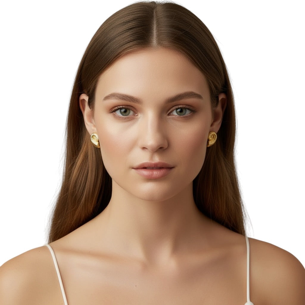 Woman wearing Nautilus Spiral Sculptural Stud Earrings