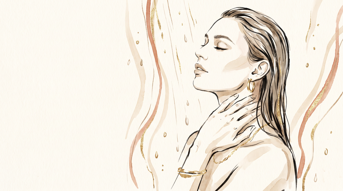 Illustration of a woman in the shower wearing waterproof 18K gold-filled hoop earrings, necklace and bracelet