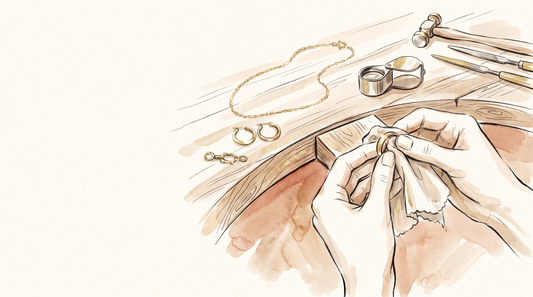 Illustration of a jeweler’s hands polishing an 18K gold-filled ring at a jewelry workbench
