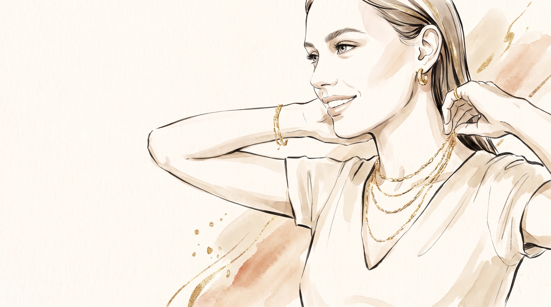 Illustration of a woman wearing layered 18K gold-filled necklaces, hoop earrings and a bracelet