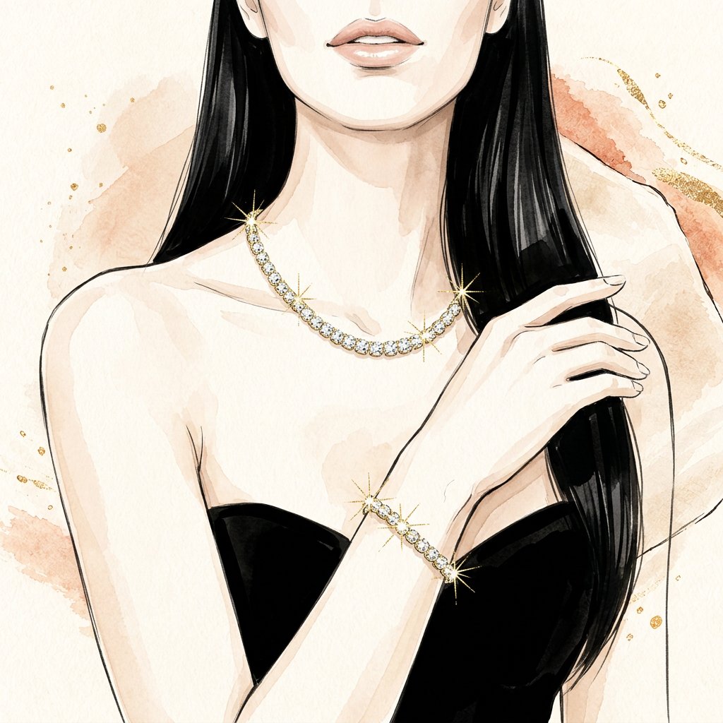 Illustration of a woman in a black dress wearing an 18K gold-filled riviera tennis necklace and bracelet