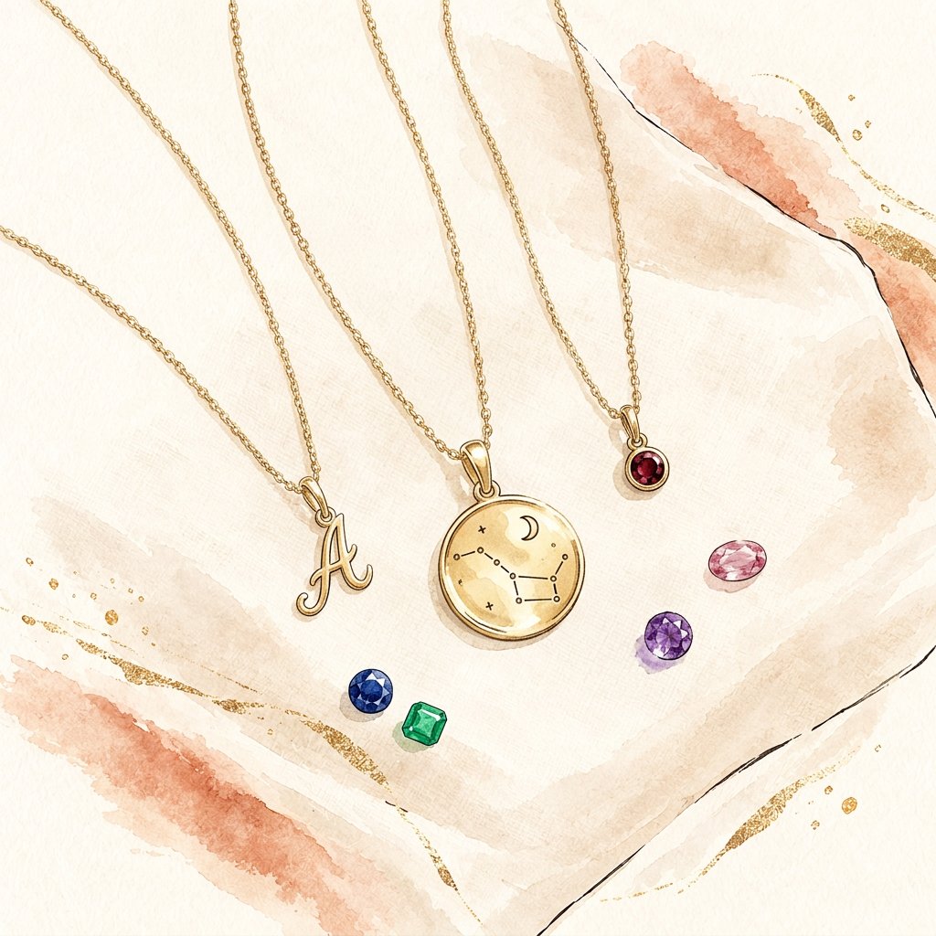 Illustration of 18K gold-filled initial, zodiac and birthstone necklaces from the Signature Collection