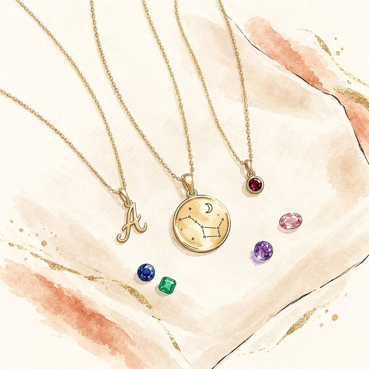 Illustration of 18K gold-filled initial, zodiac and birthstone necklaces from the Signature Collection