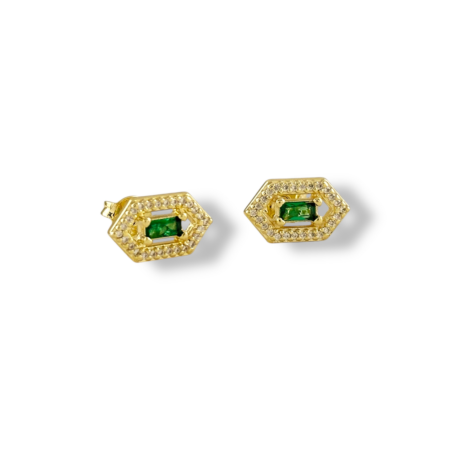 Baguette Birthstone Hexagon Halo Stud 18k Gold Filled Earrings
