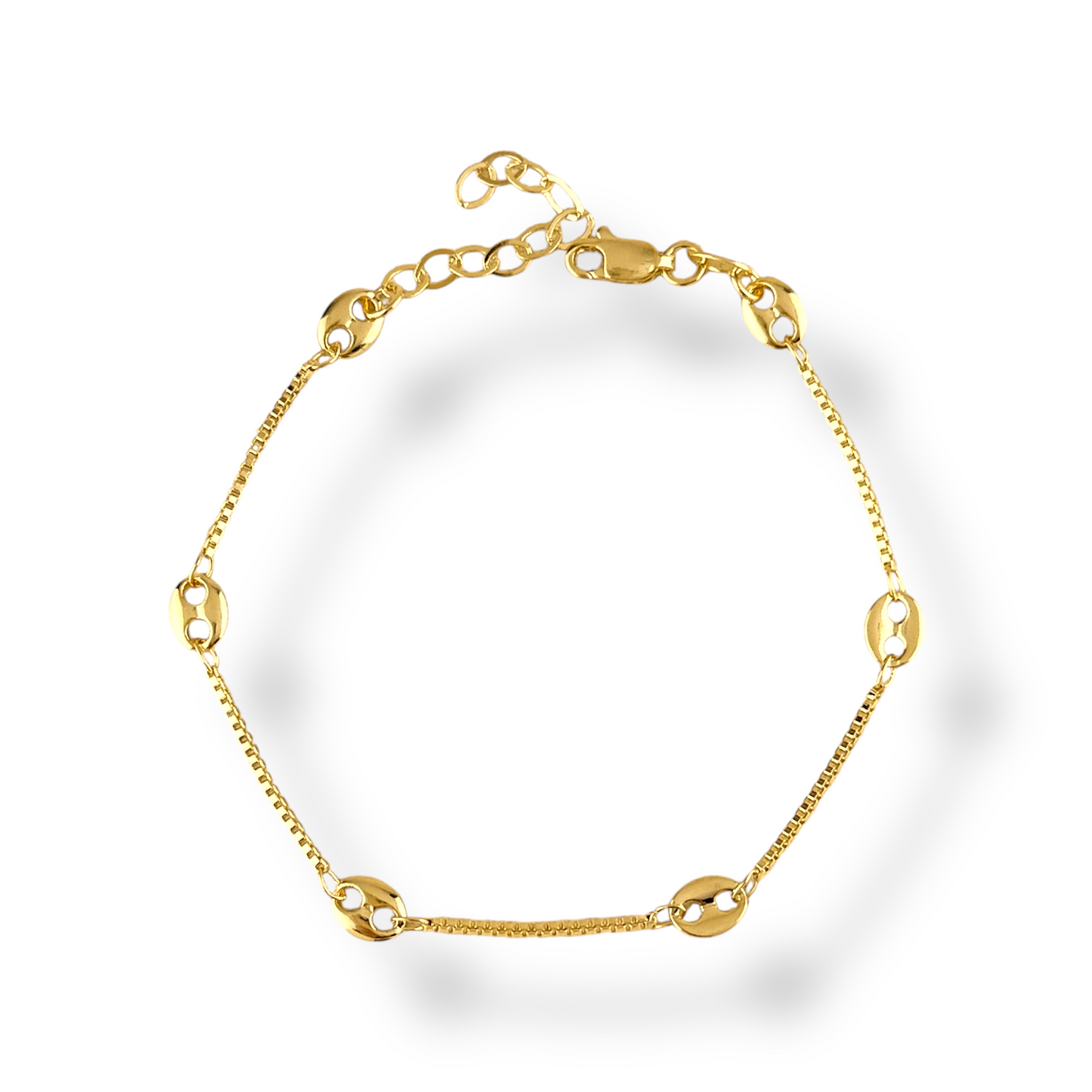Box Chain with Mariner Link Stations 18k Gold Filled Bracelet