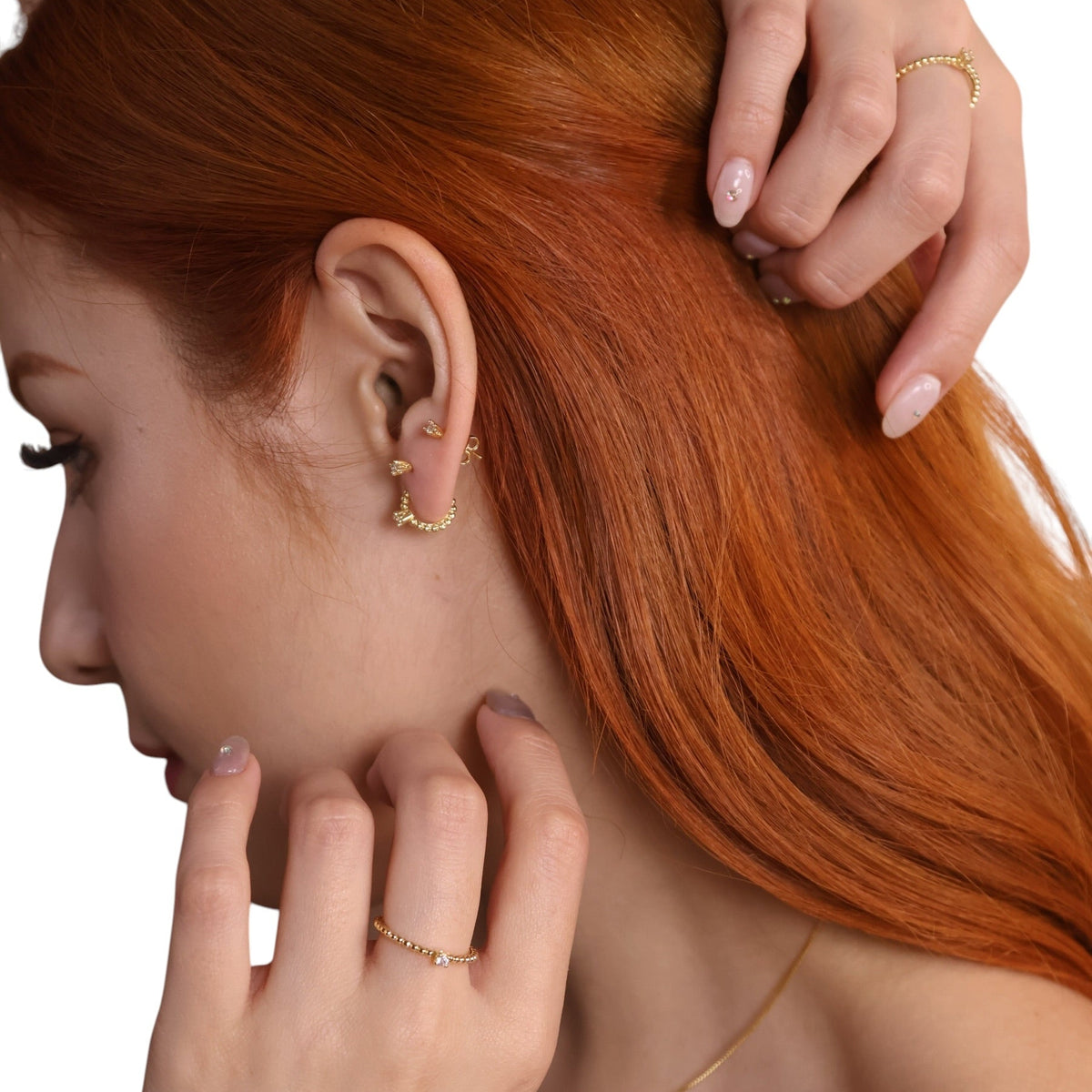 Beaded CZ Open Hoop 12mm Earrings in 18K gold-filled, view 5