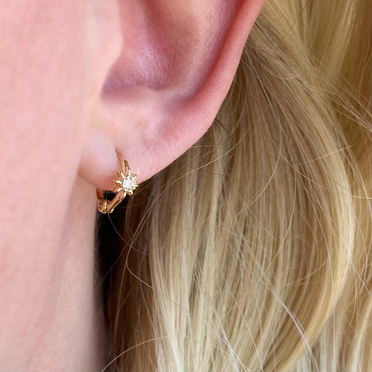 Starburst CZ Huggie 9mm 18K Gold Filled Hoop Earrings