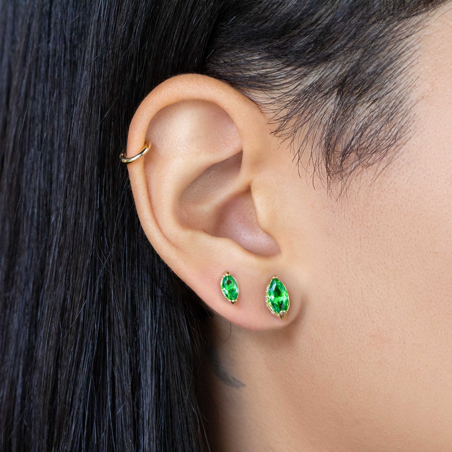 CZ Vintage Marquise Emerald Stud 18K Gold Fille Earrings