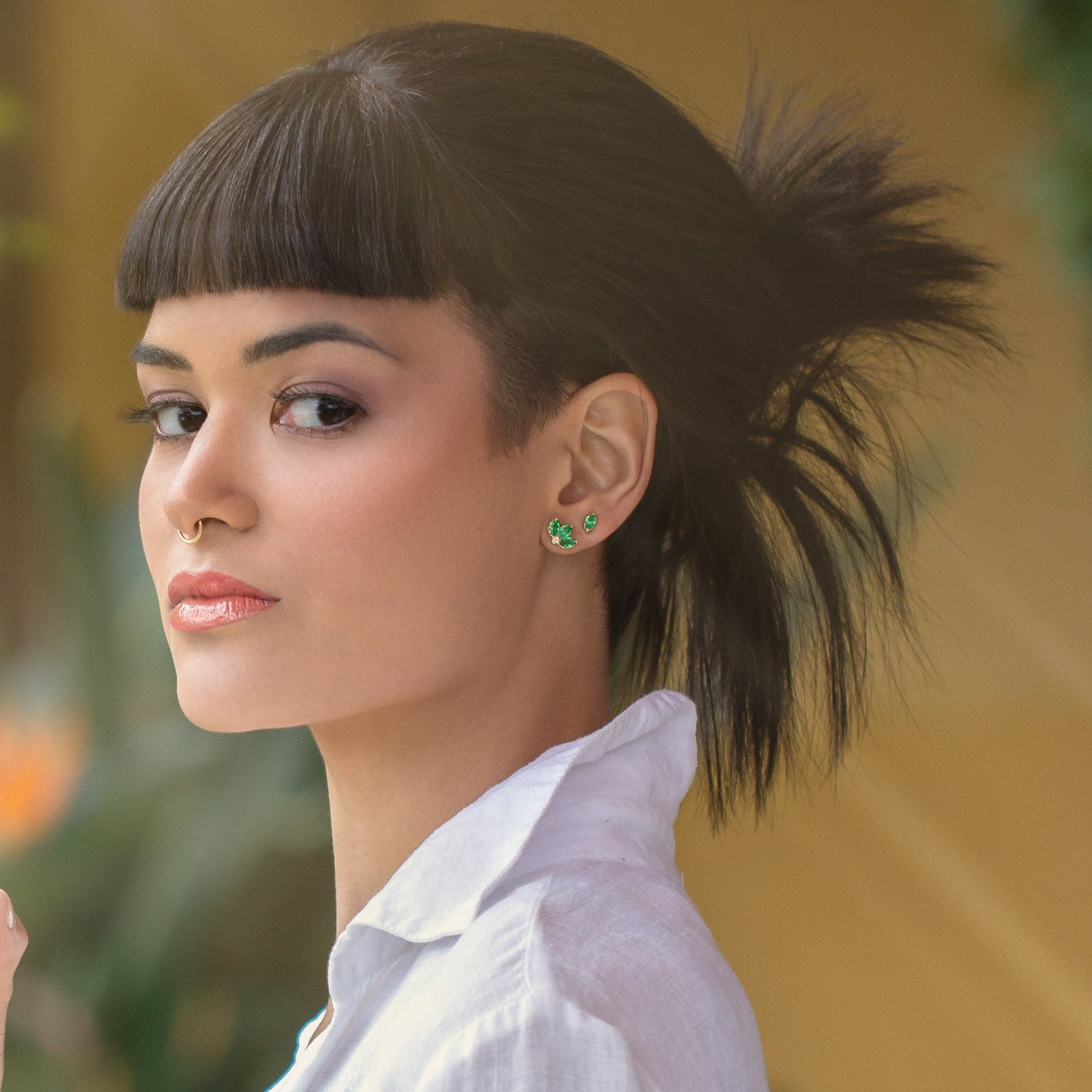 Vintage Emerald Lotus Flower Stud 18K Gold Filled  Earrings