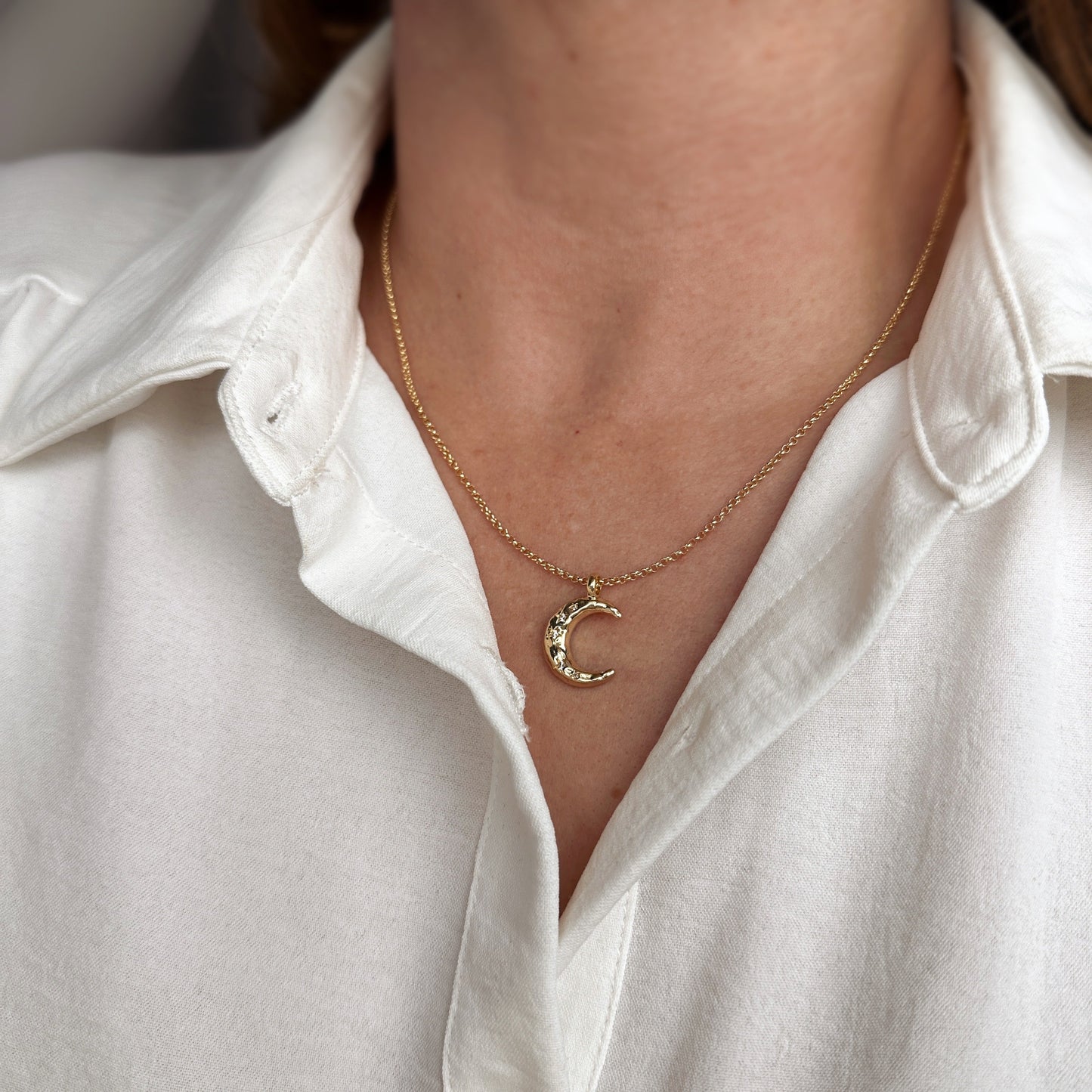 20mm CZ Hammered Crescent Moon 18k Gold Filled Necklace