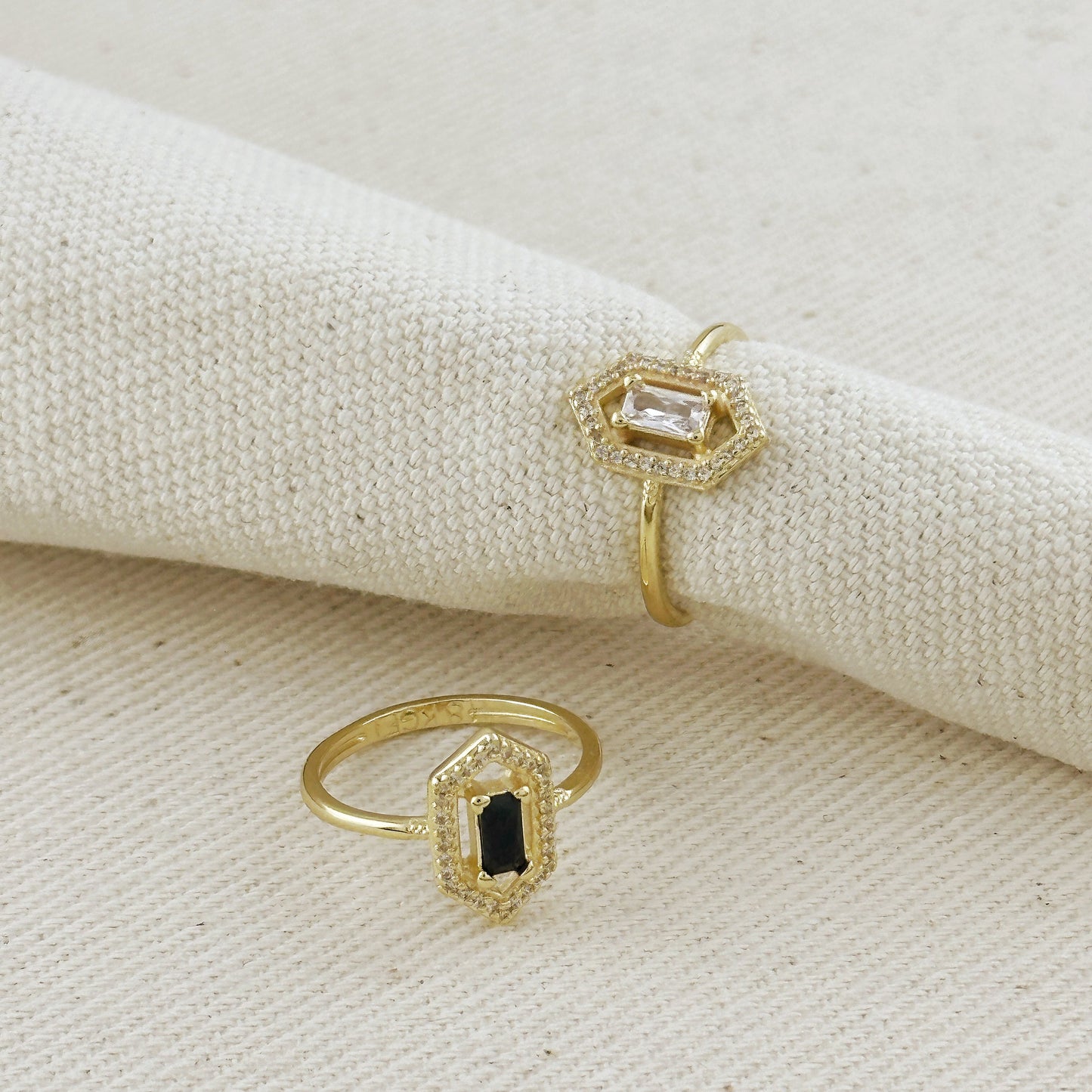 Baguette CZ Hexagon Halo 18k Gold Filled Ring