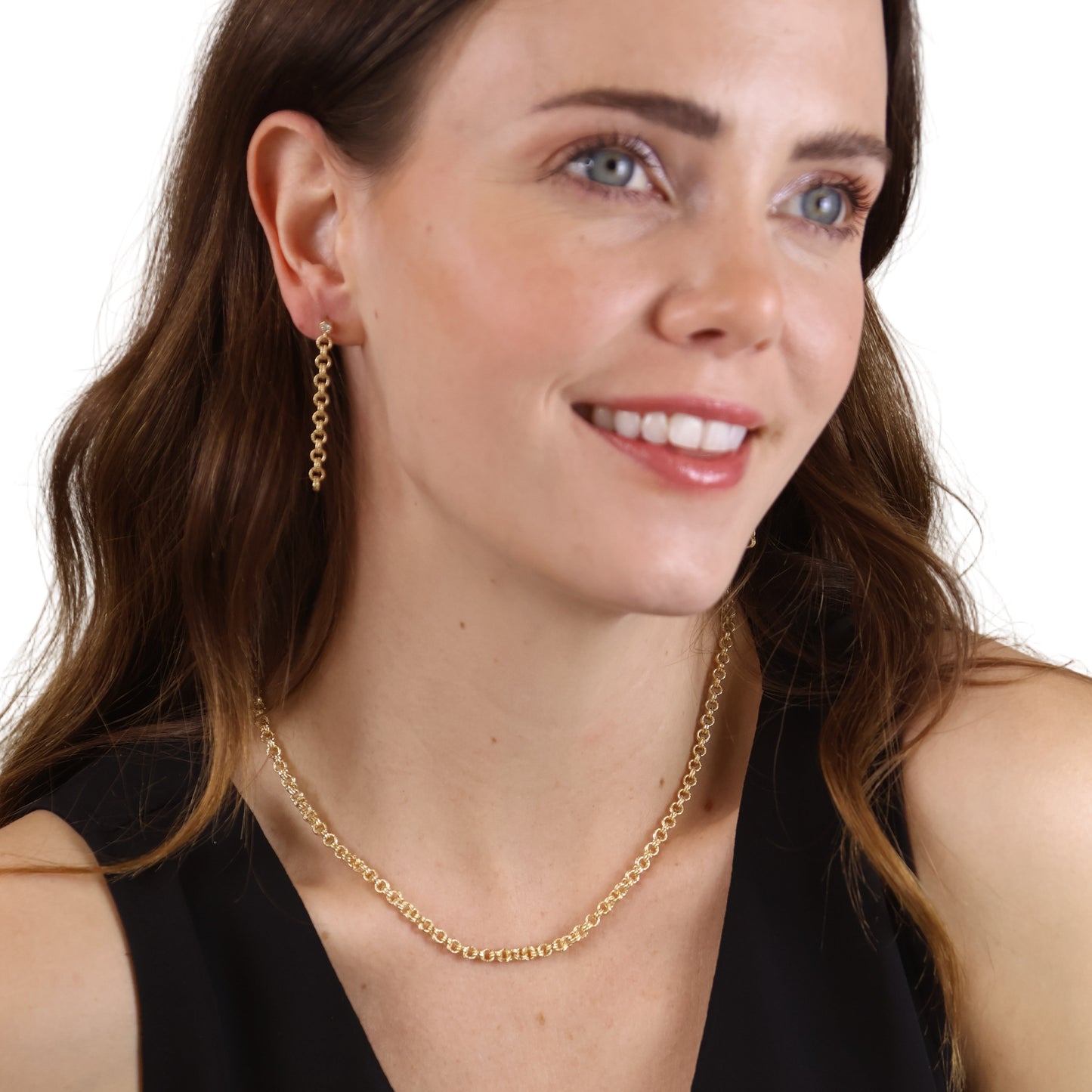 CZ Double Link Rolo Chain Drop 18k Gold Filled Earrings