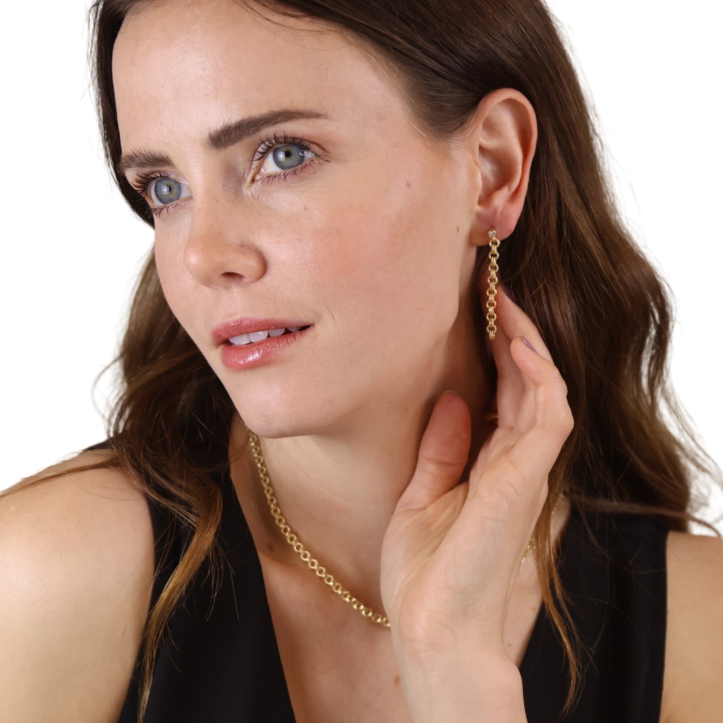 CZ Double Link Rolo Chain Drop 18k Gold Filled Earrings