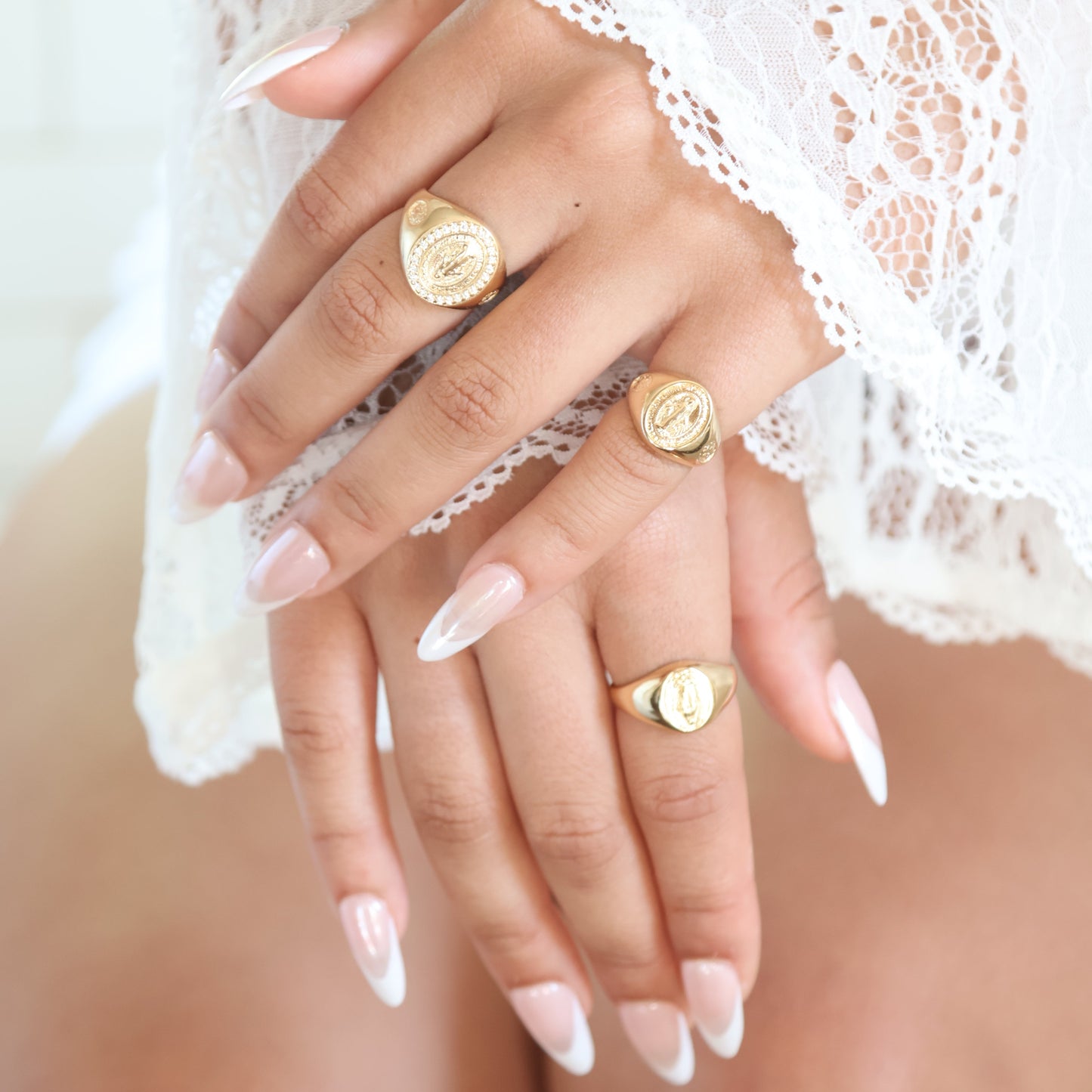 CZ Lady of Grace Medal 18K Gold Filled Ring