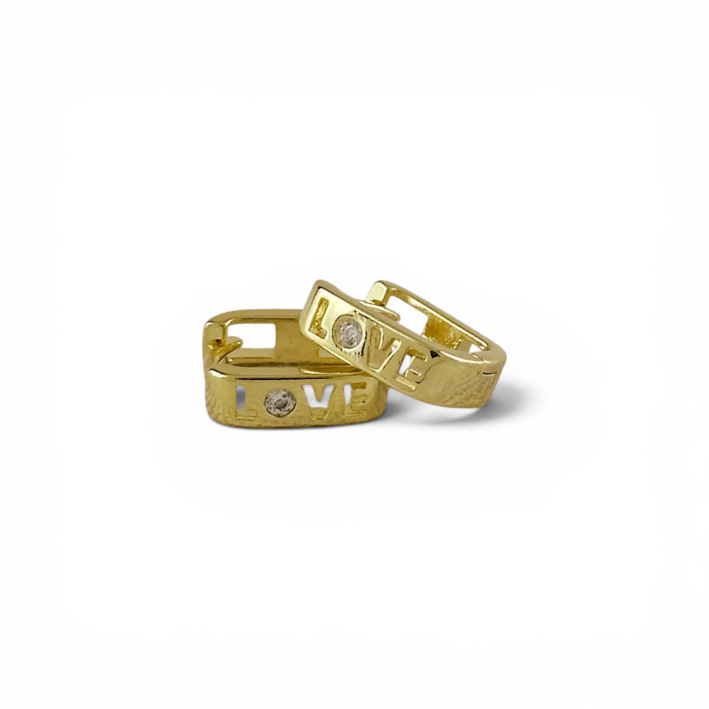Love Engraved CZ Rectangular 12mm 18K Gold Filled Huggie Earrings