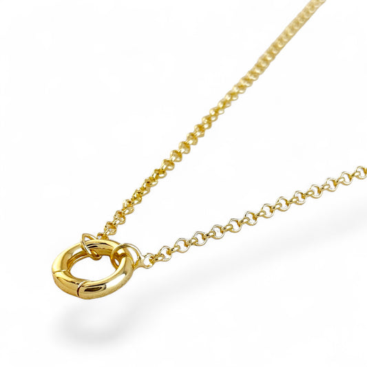 Close-up of 13mm carabiner clasp on rolo chain necklace