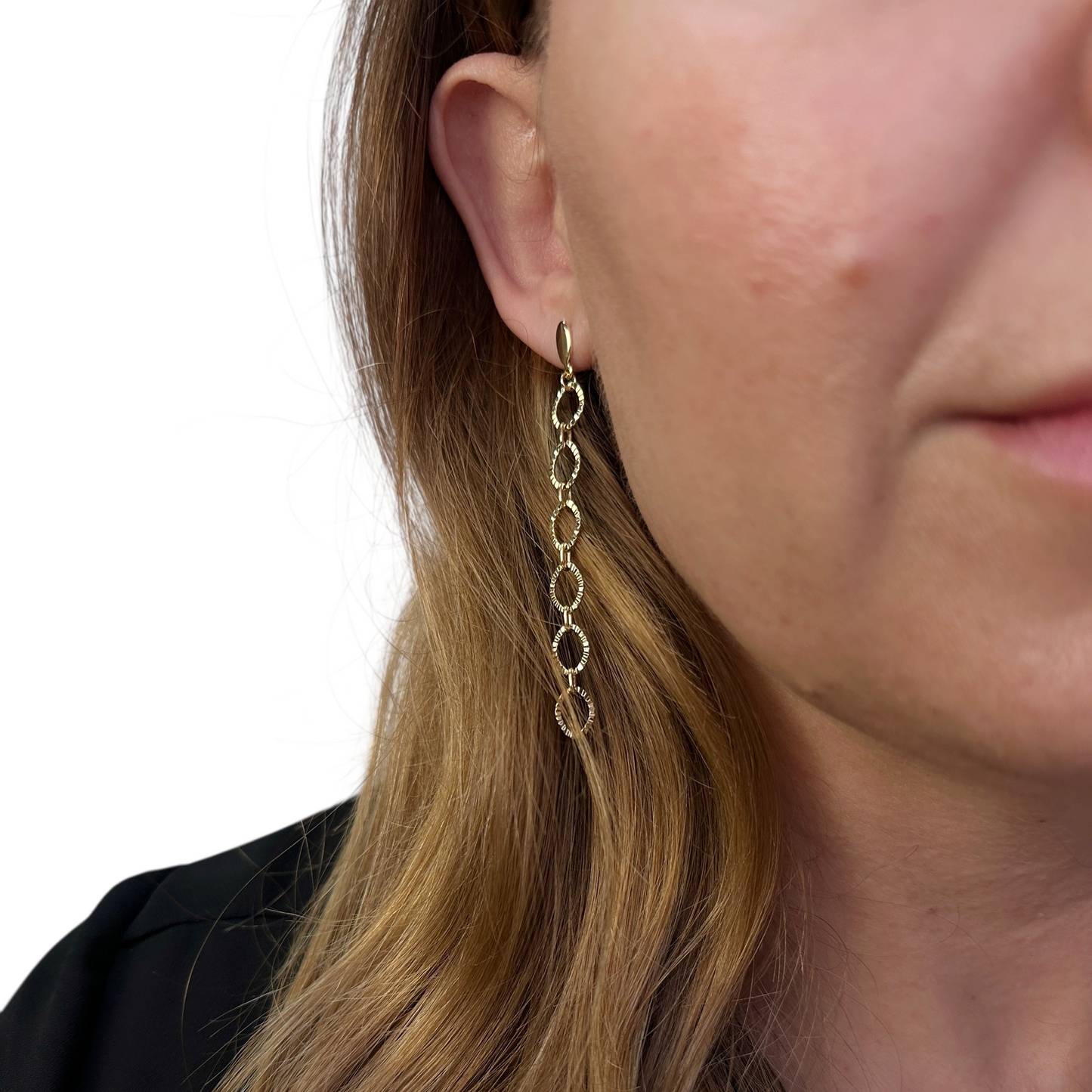 70mm Diamond Cut Link Drop 18k Gold Filled Earrings