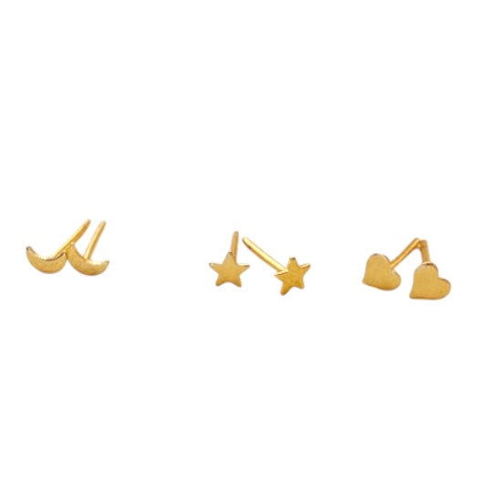 Trio Moon Star & Heart Stud 18k Gold Filled Earrings