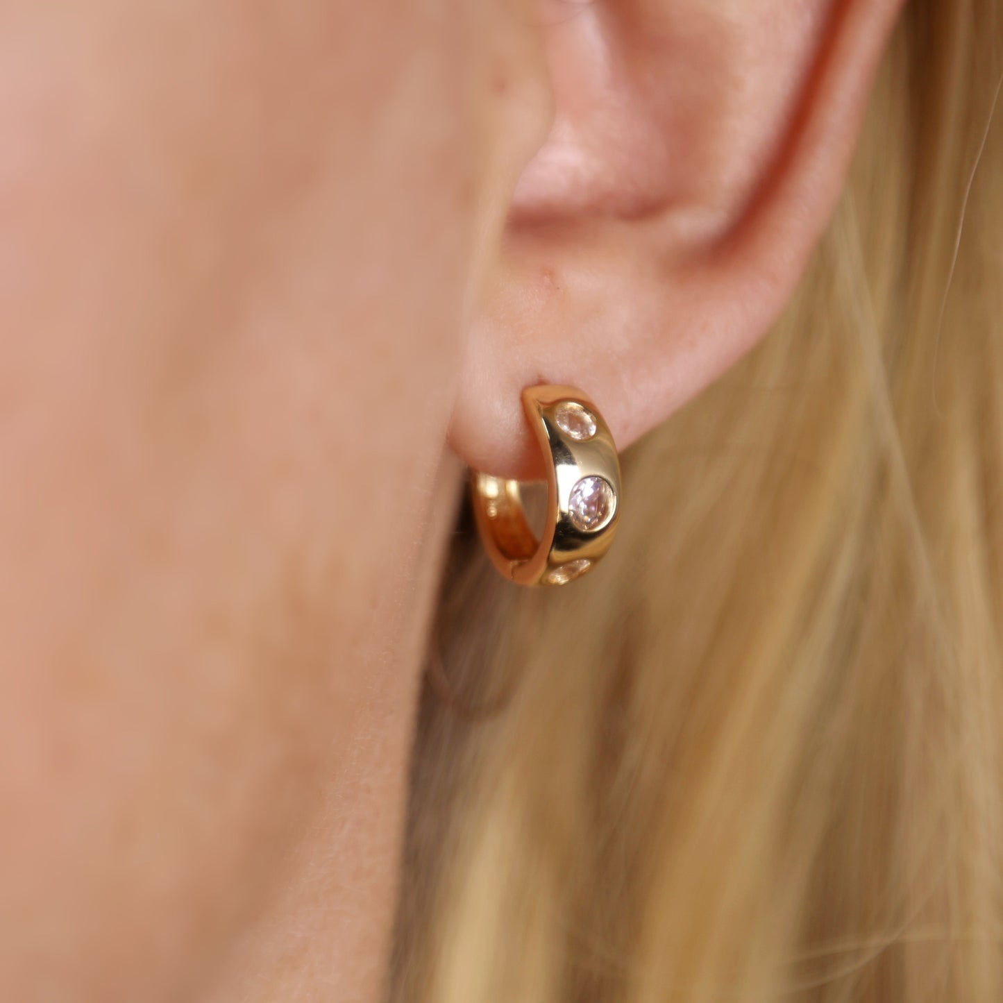 Large CZ Huggie 15mm 18K Gold Filled Hoop Earrings