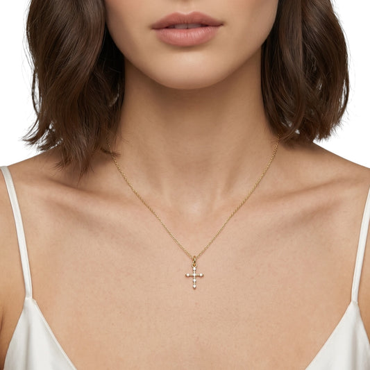 18K Gold Filled cross necklace on model close-up