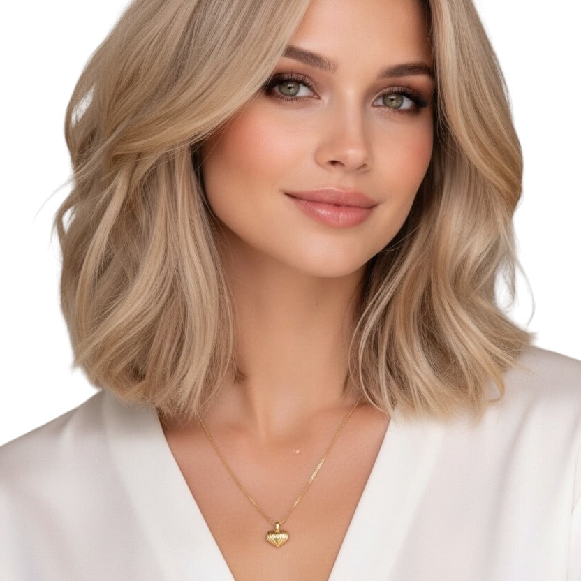 18K Gold Filled heart necklace with box chain on model