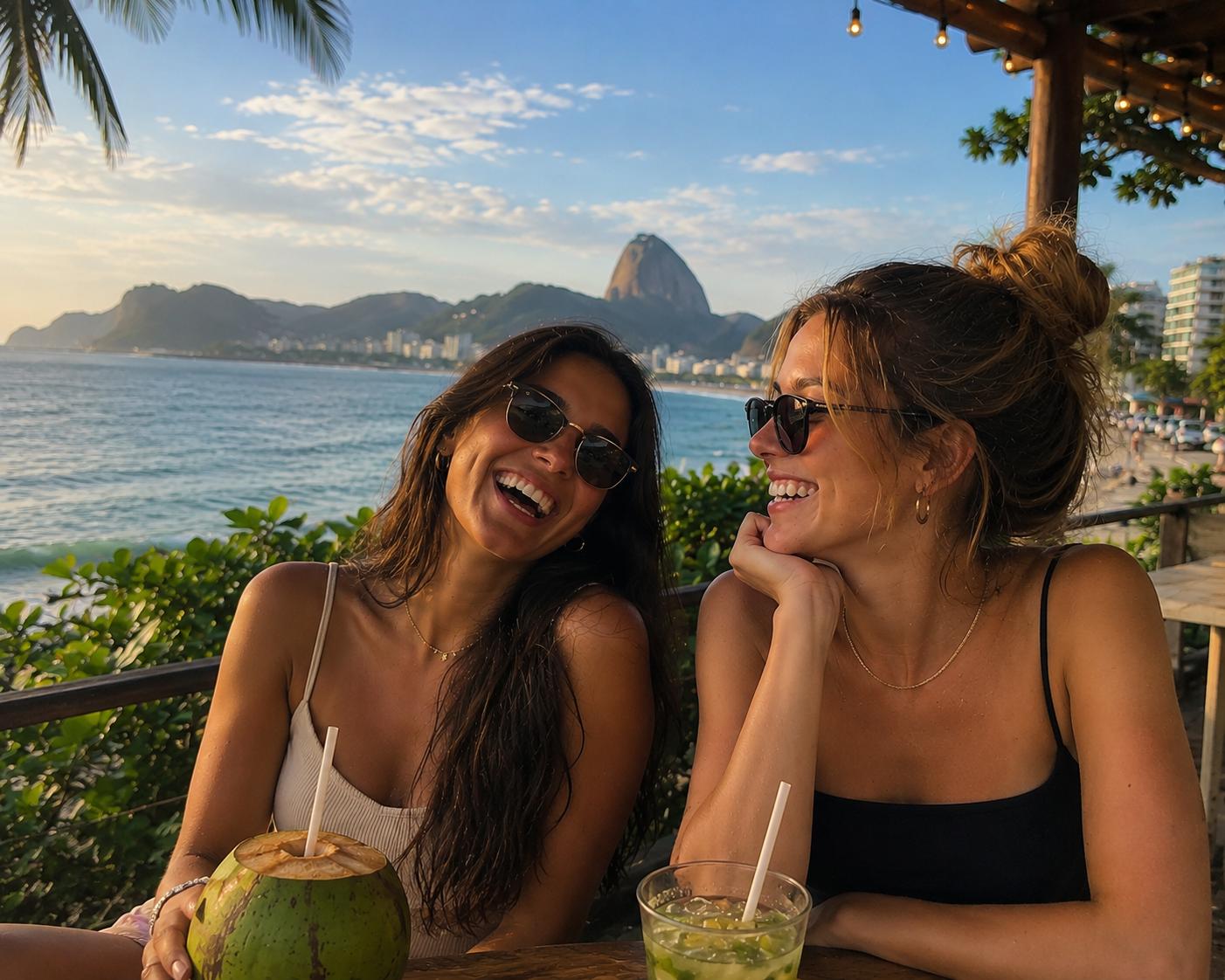 Two women sitting by the ocean with drinks, laughing and enjoying each other's company.