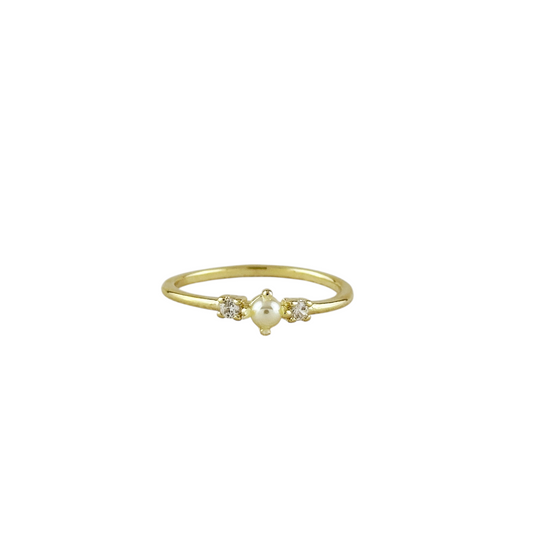 Pearl & CZ Three-Stone 18k Gold Filled Ring