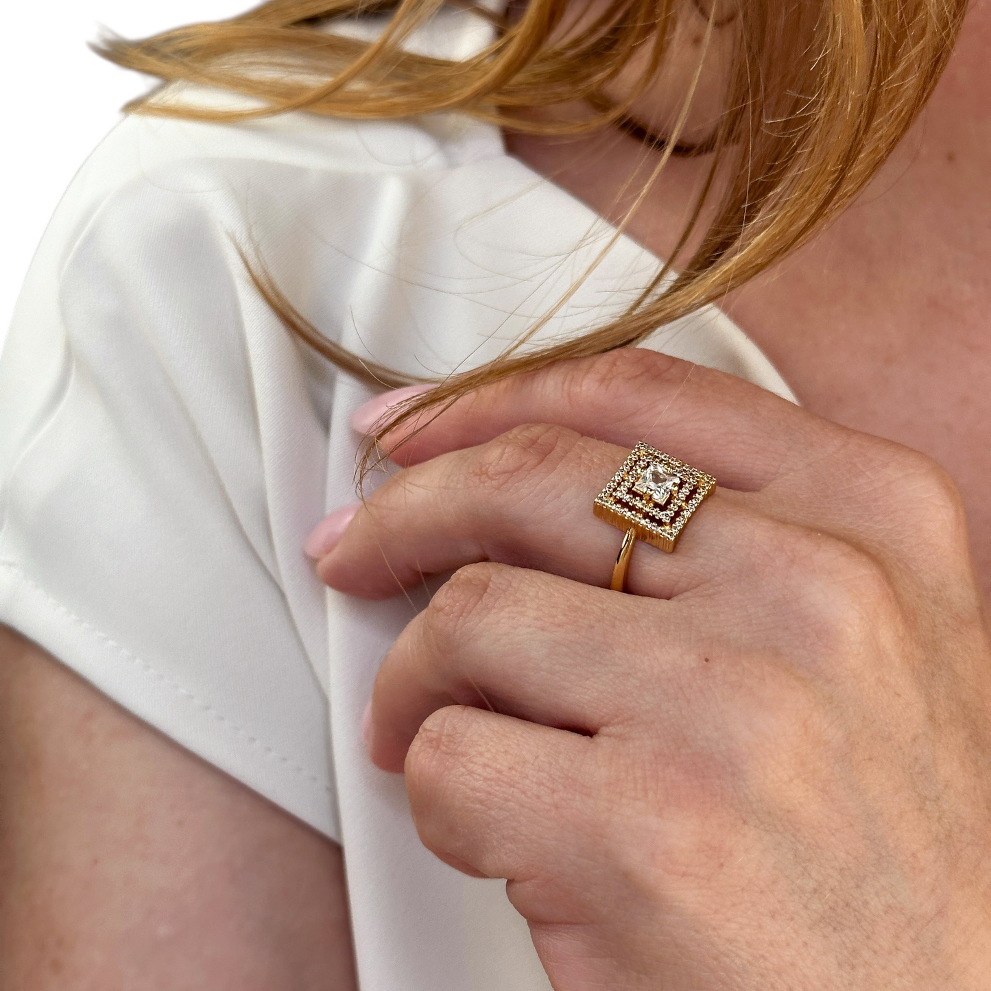 Princess Cut CZ Double Halo 18k Gold Filled Ring