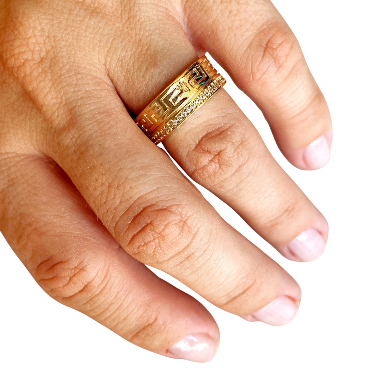 Greek Key CZ 5mm 18K Gold Filled Band Ring