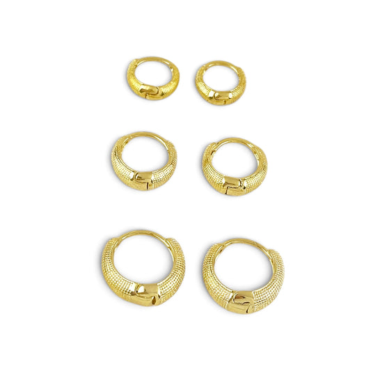 3 Sizes 18k Gold Filled Textured Huggie Hoop Earrings 