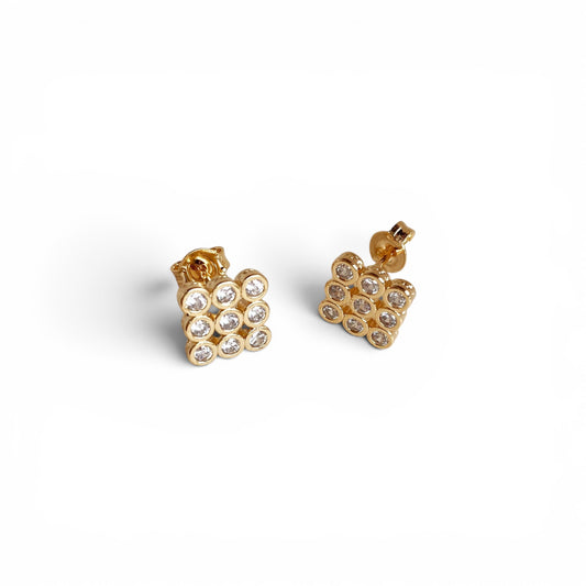 3x3 CZ Cluster Square Stud Earrings in 18K Gold Filled on white background
