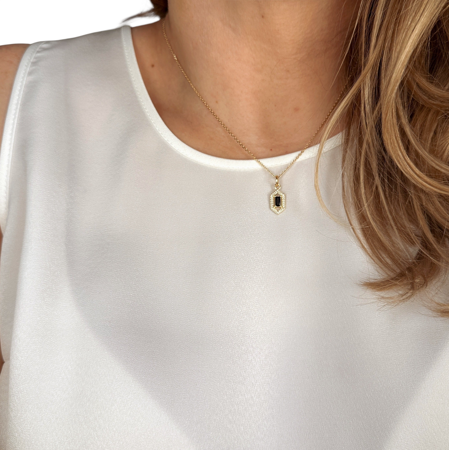 Baguette CZ Hexagon Halo Pendant 18k Gold Filled Necklace