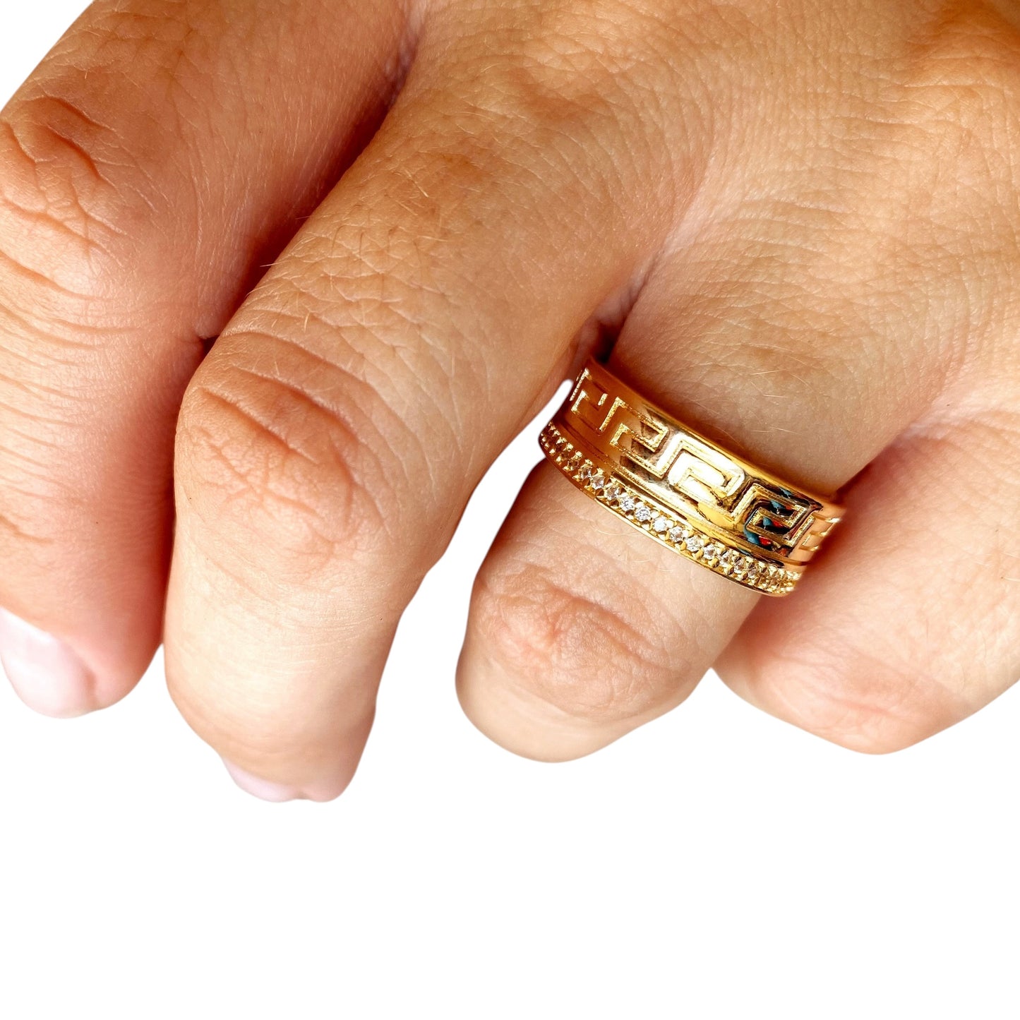 Greek Key CZ 5mm 18K Gold Filled Band Ring