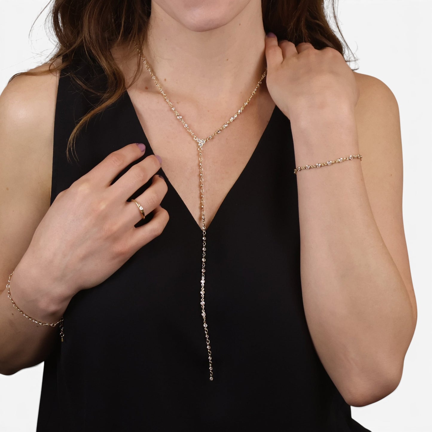 Round Bezel CZ Lariat 18K Gold Filled Necklace