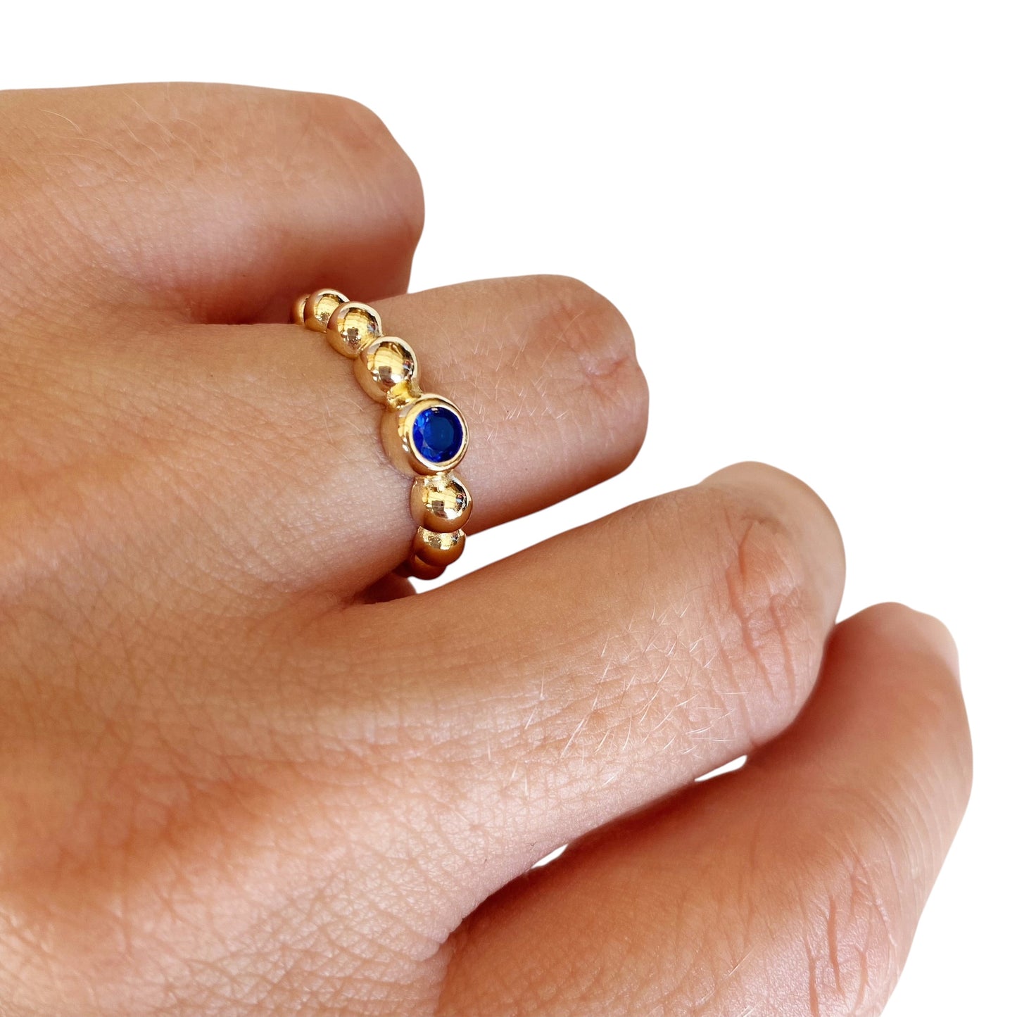 Beaded Blue Bezel CZ 18K Gold Filled Ring